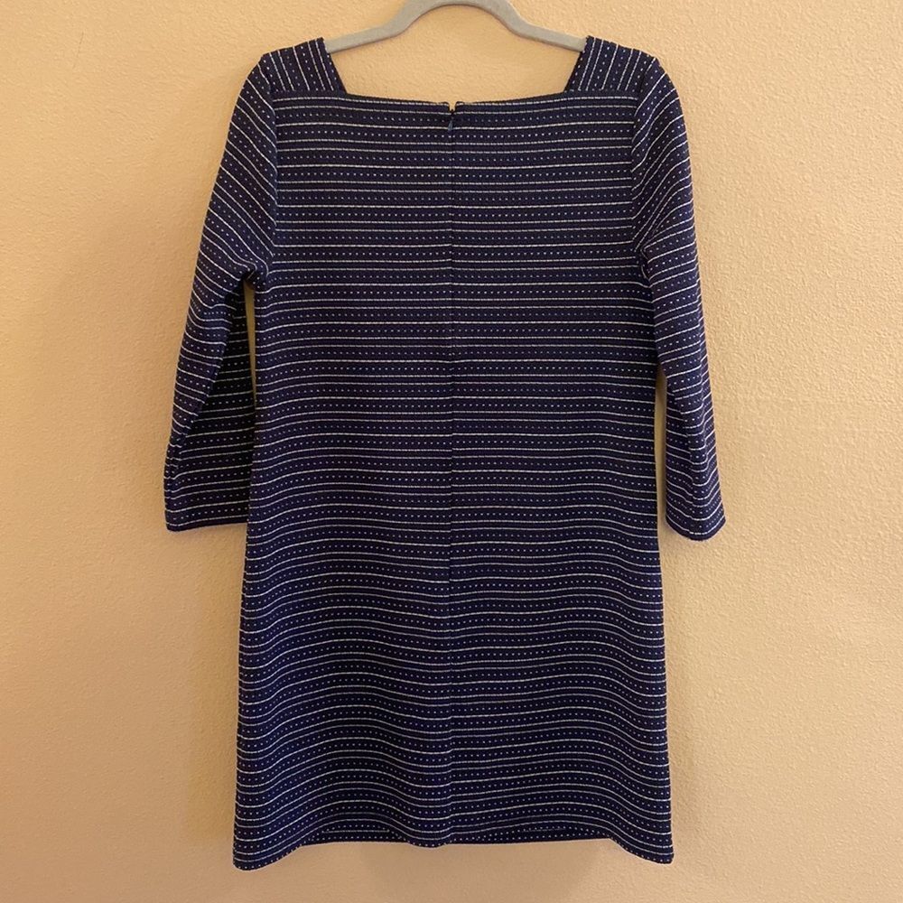 Loft Textured‎ Knit Blue White Striped Square Neck Shift Dress 3/4 Sleeves Sz S - Picture 8 of 10